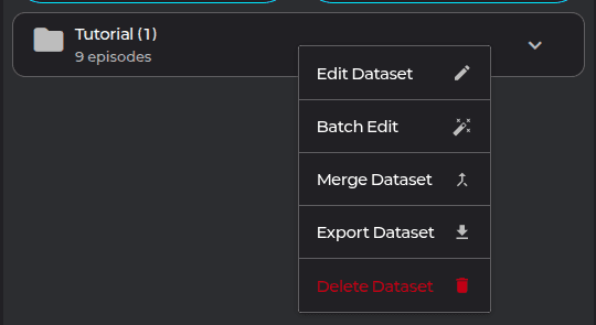 데이터셋 우클릭 메뉴 — Edit / Batch Edit / Merge / Export / Delete