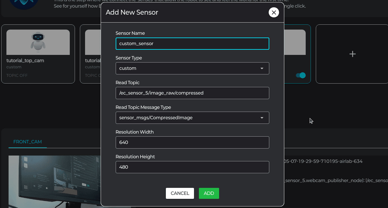 Custom SensorForm — Read Topic / Msg Type / Resolution