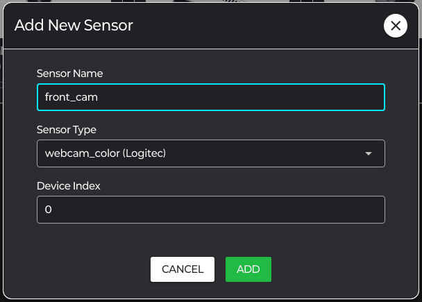 SensorForm — Type=webcam, Device Index