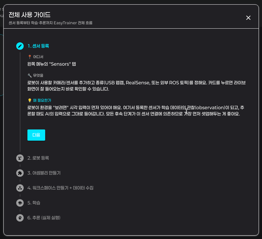 PipelineGuideDialog 6단계 stepper