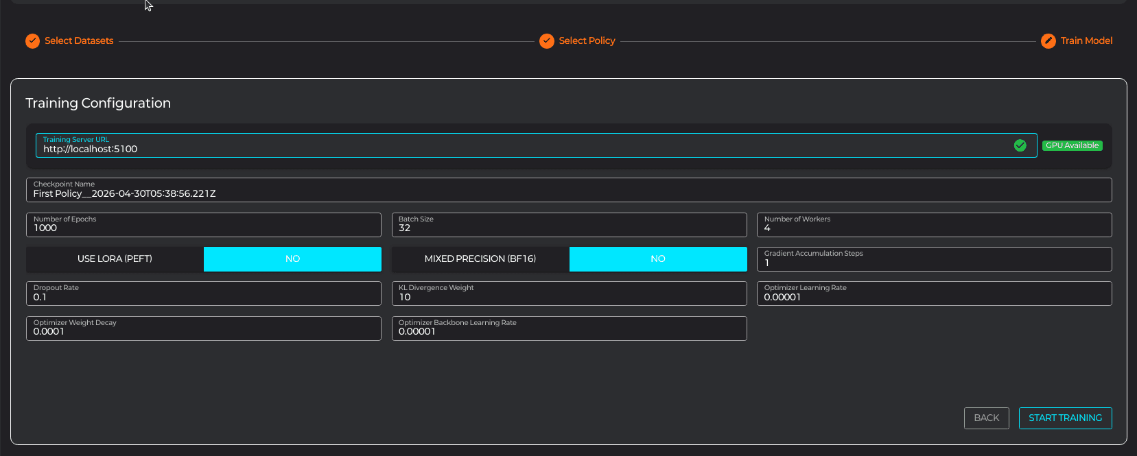 Step 3 — Training Server URL 헬스체크 OK + GPU Available
