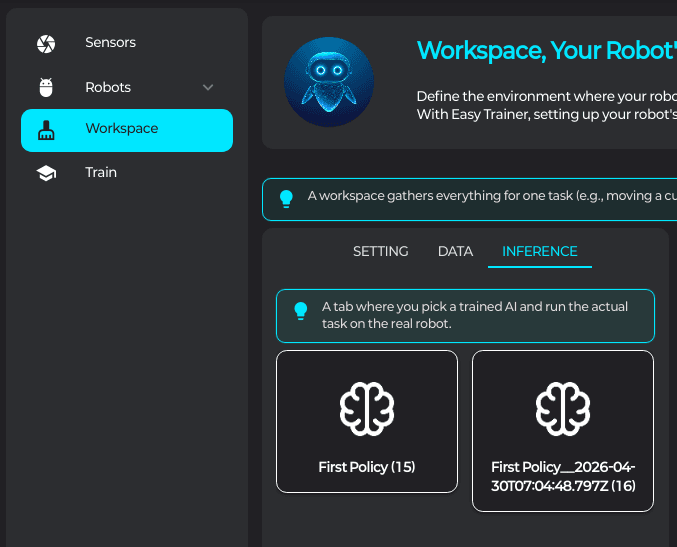 Workspace inference 탭 — 체크포인트 카드