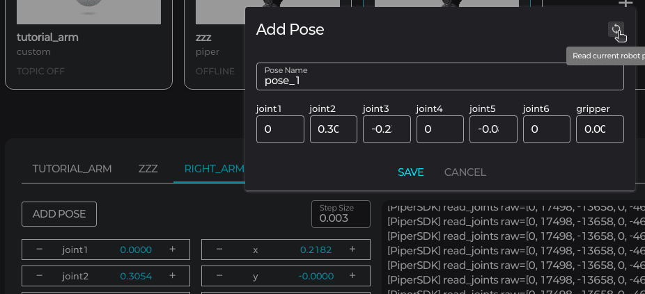 RobotPendant 패널 — ADD POSE 버튼 + 저장된 pose 버튼들