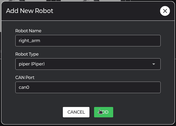 RobotForm — Robot Type 선택 + 연결 정보 입력