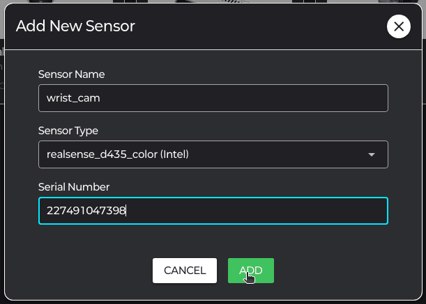 SensorForm — Type=realsense, Serial Number 입력